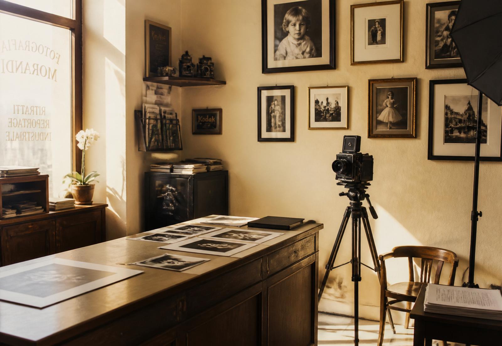 L'interno dello studio: banco di legno, cornici alle pareti, luce di finestra